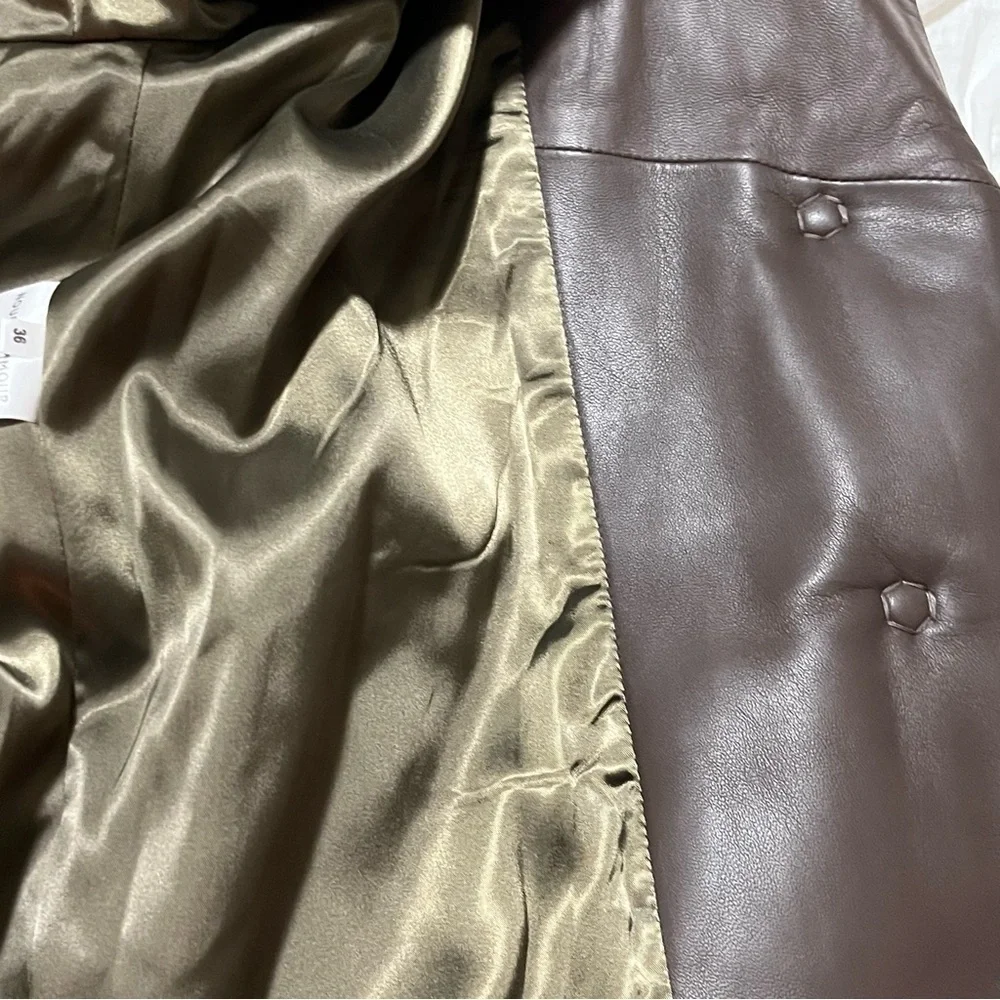 Nour Hammour Brown Leather Belted Winter Jacket - Picture 7 of 8